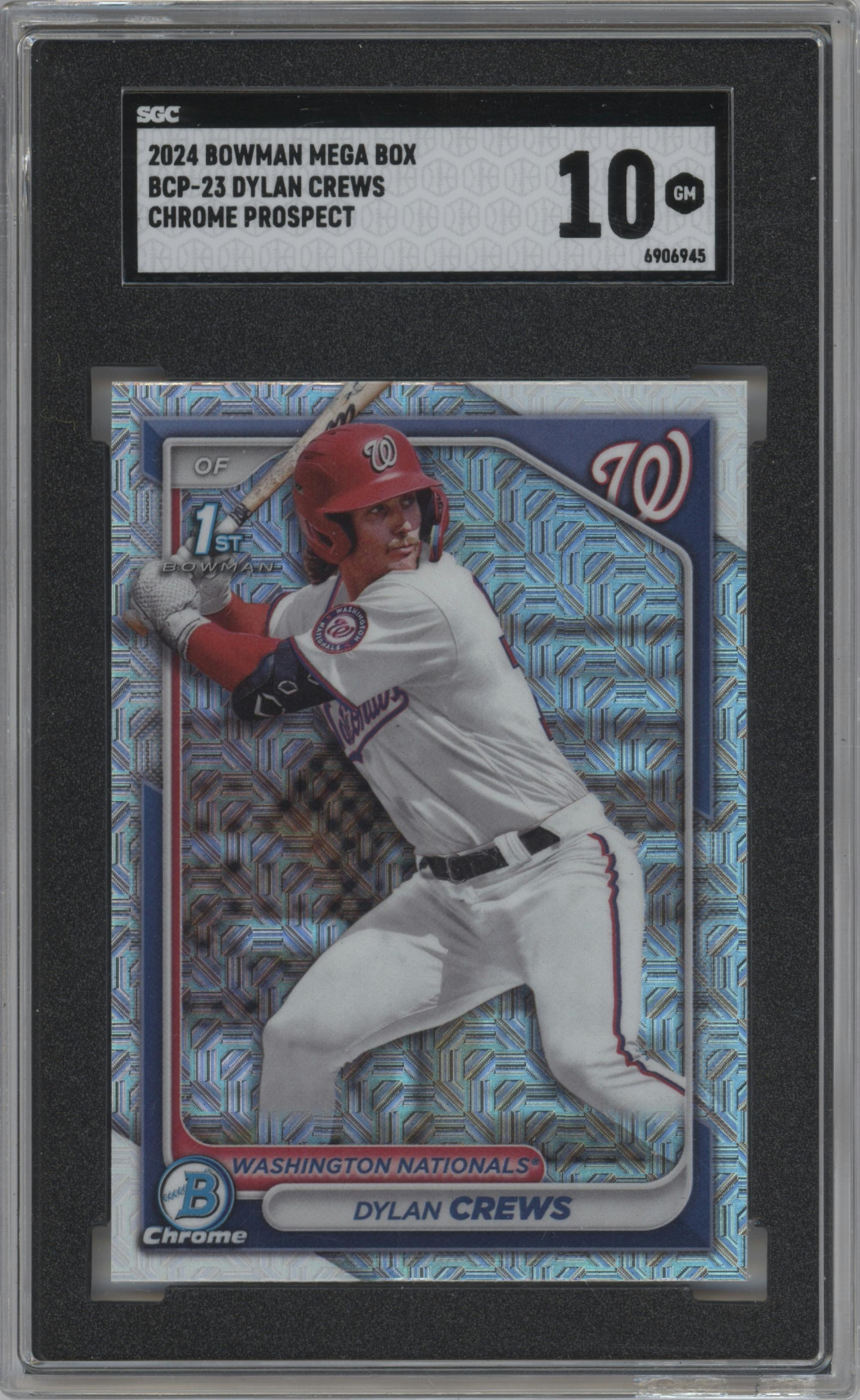 Dylan Crews from the 2024 Bowman Mega Box set graded by SGC and given an overall grade of 10.