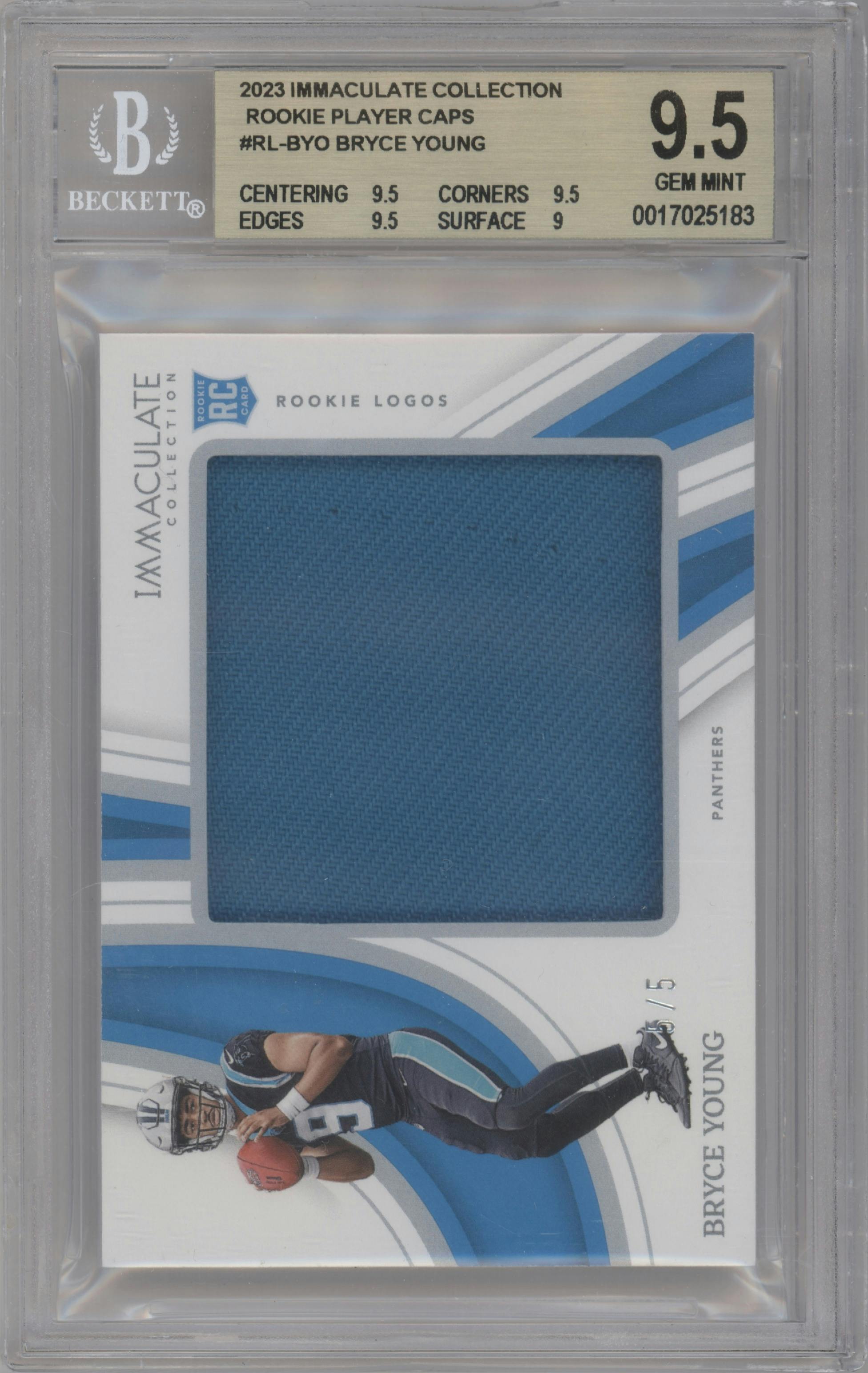 Bryce Young from the 2023 Panini Immaculate Collection  set featuring a Caps parallel graded by Beckett and given an overall grade of 9.5.