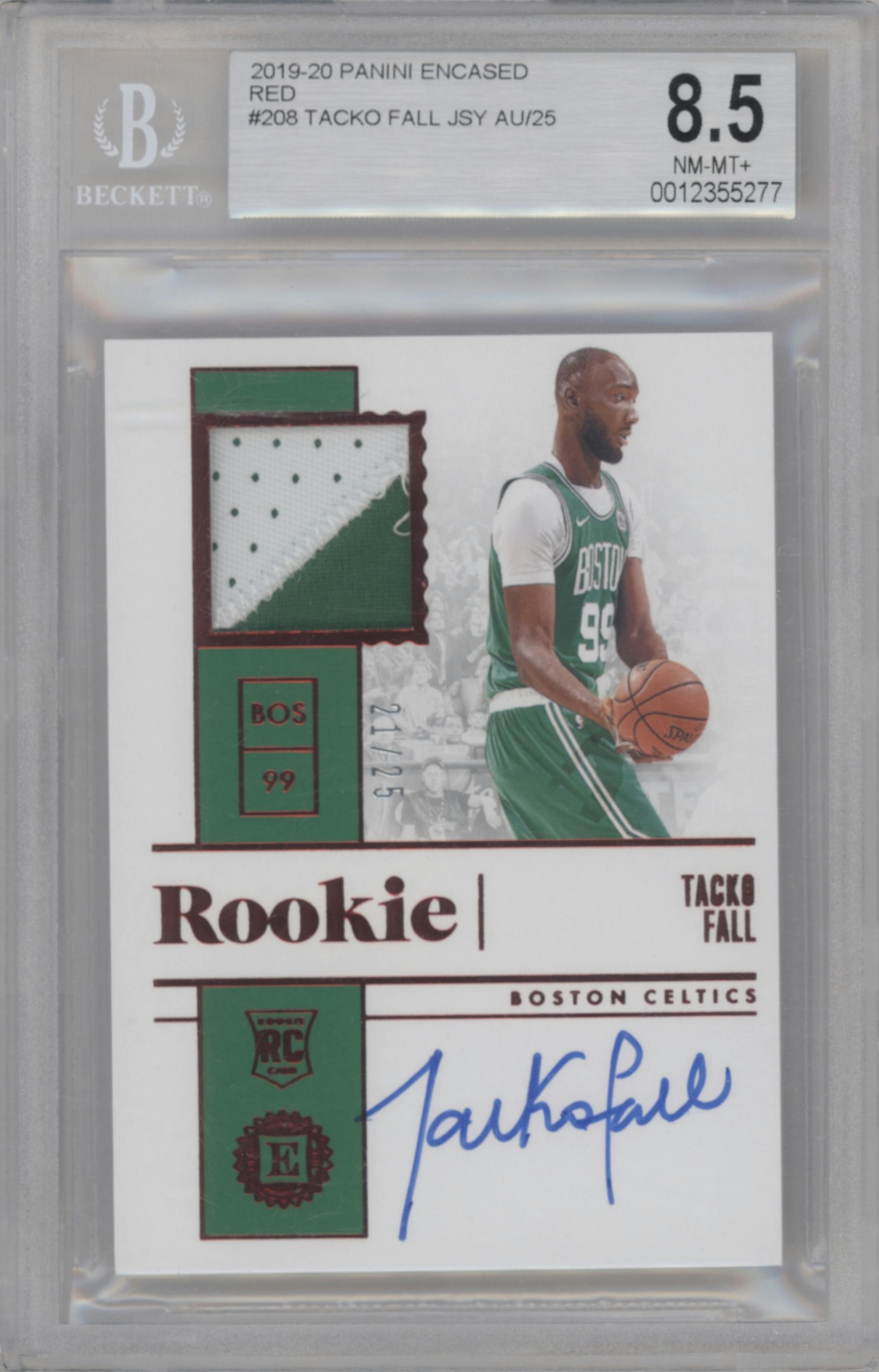 Tacko Fall from the 2019-20 Panini Encased set featuring a Red parallel graded by Beckett and given an overall grade of 8.5.