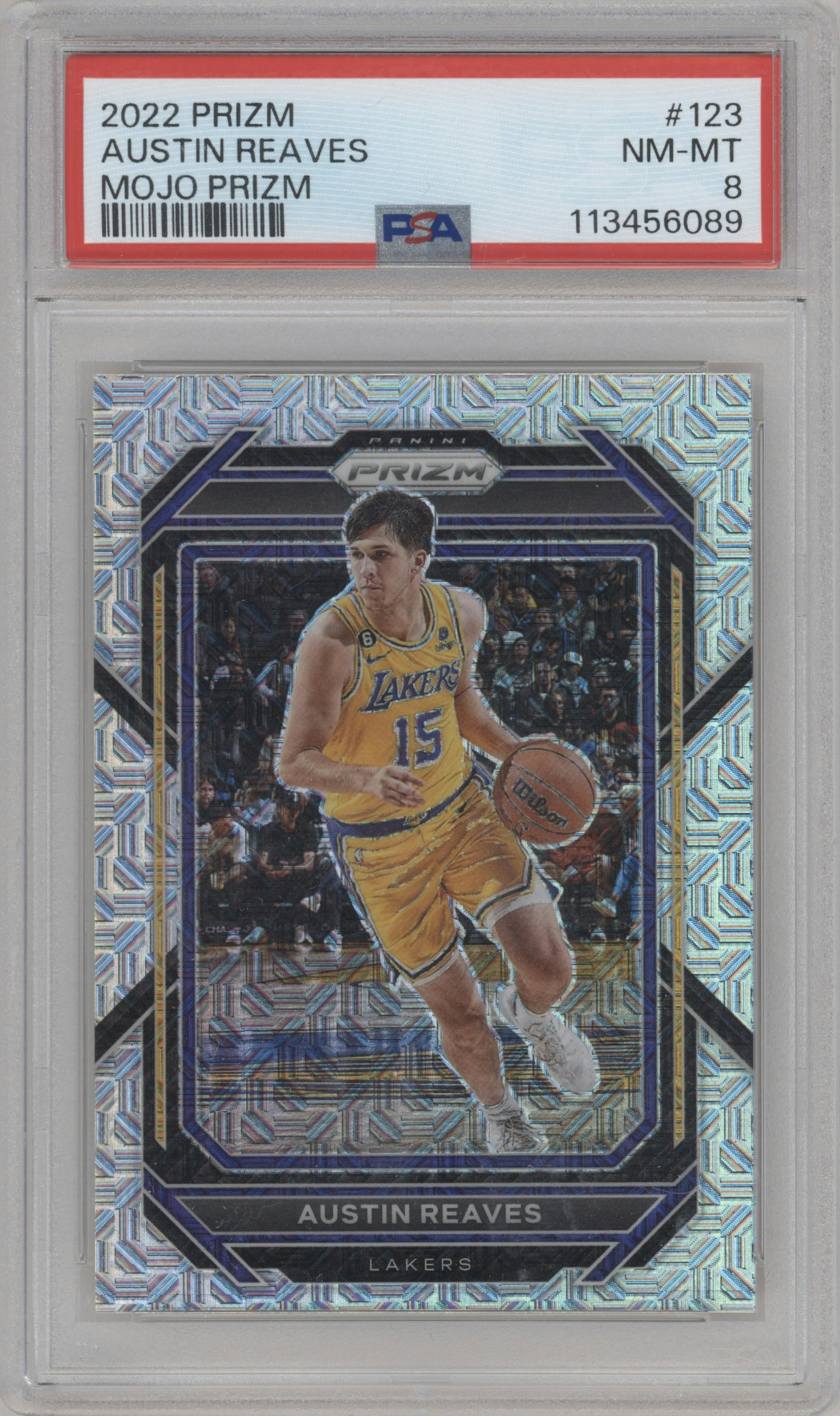 Austin Reaves from the 2022-23 Panini Prizm  set featuring a Mojo parallel graded by PSA and given an overall grade of 8.