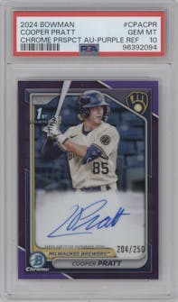 Cooper Pratt from the 2024 Bowman set featuring a Purple Refractor parallel graded by PSA and given an overall grade of 10.