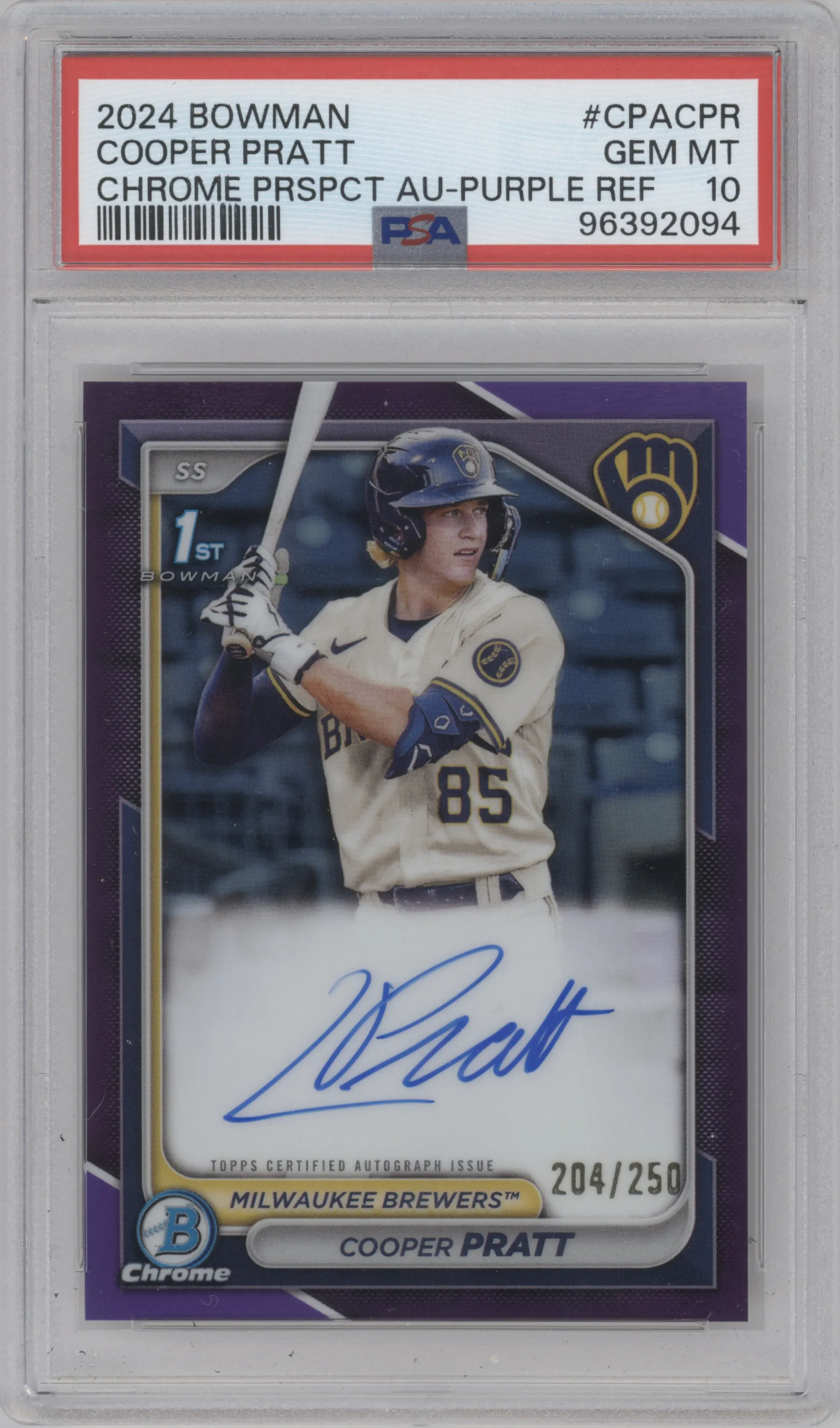 Cooper Pratt from the 2024 Bowman set featuring a Purple Refractor parallel graded by PSA and given an overall grade of 10.