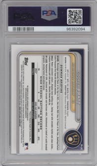 Cooper Pratt from the 2024 Bowman set featuring a Purple Refractor parallel graded by PSA and given an overall grade of 10.