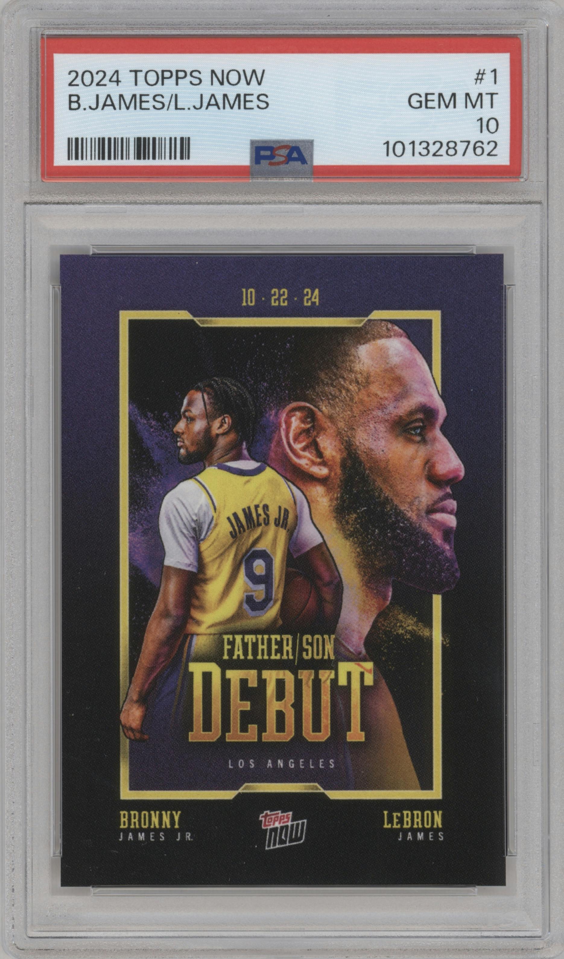 Bronny James Jr./LeBron James from the 2024-25 Topps Now set graded by PSA and given an overall grade of 10.