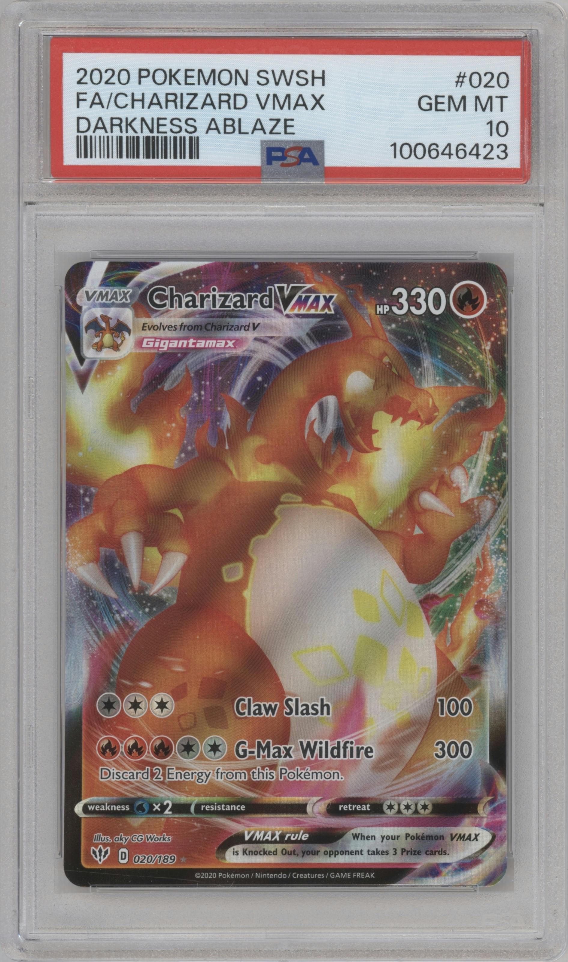 Charizard VMAX from the 2020 Pokemon SWSH set graded by PSA and given an overall grade of 10.