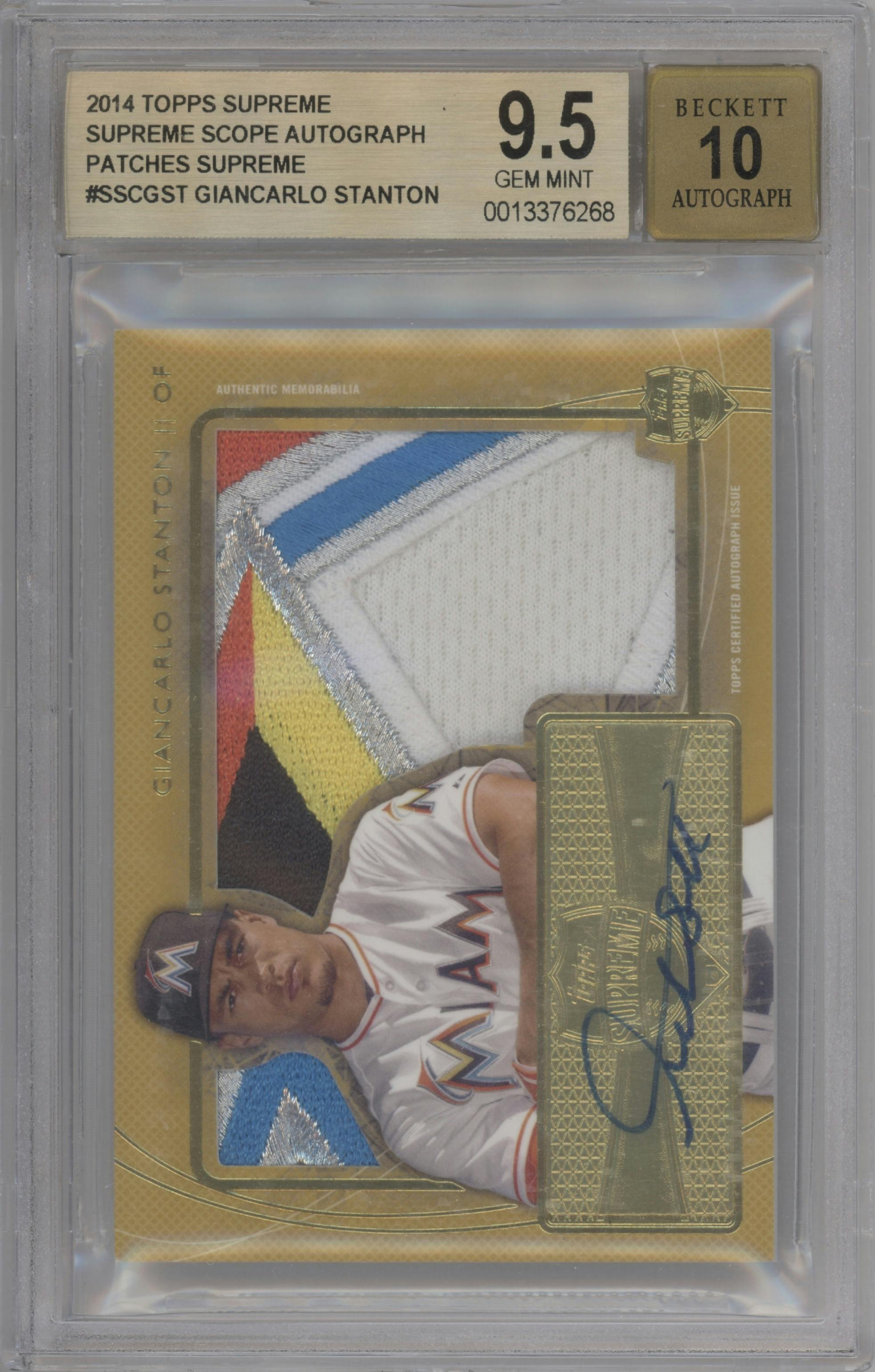 Giancarlo Stanton from the 2014 Topps Supreme set featuring a Supreme Patch parallel graded by Beckett and given an overall grade of 9.5.
