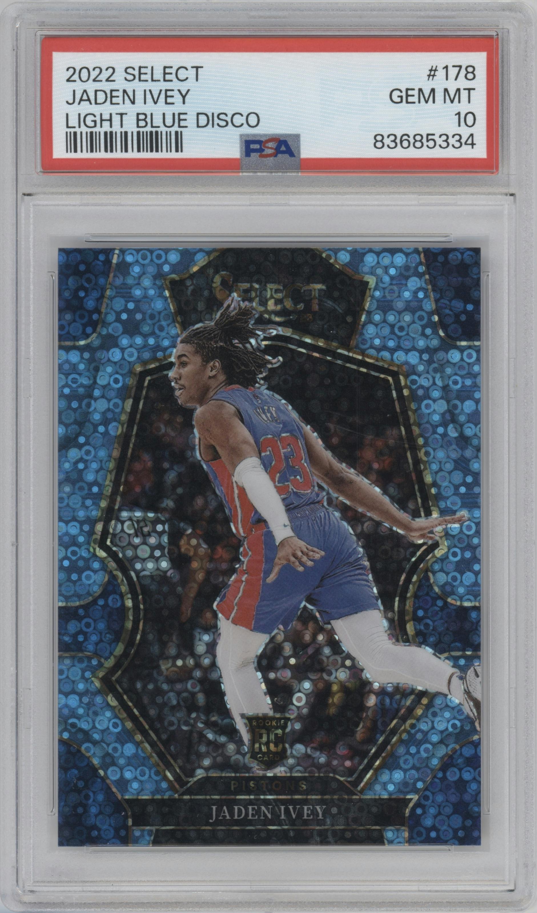 Jaden Ivey from the 2022-23 Panini Select set featuring a Disco Light Blue parallel graded by PSA and given an overall grade of 10.