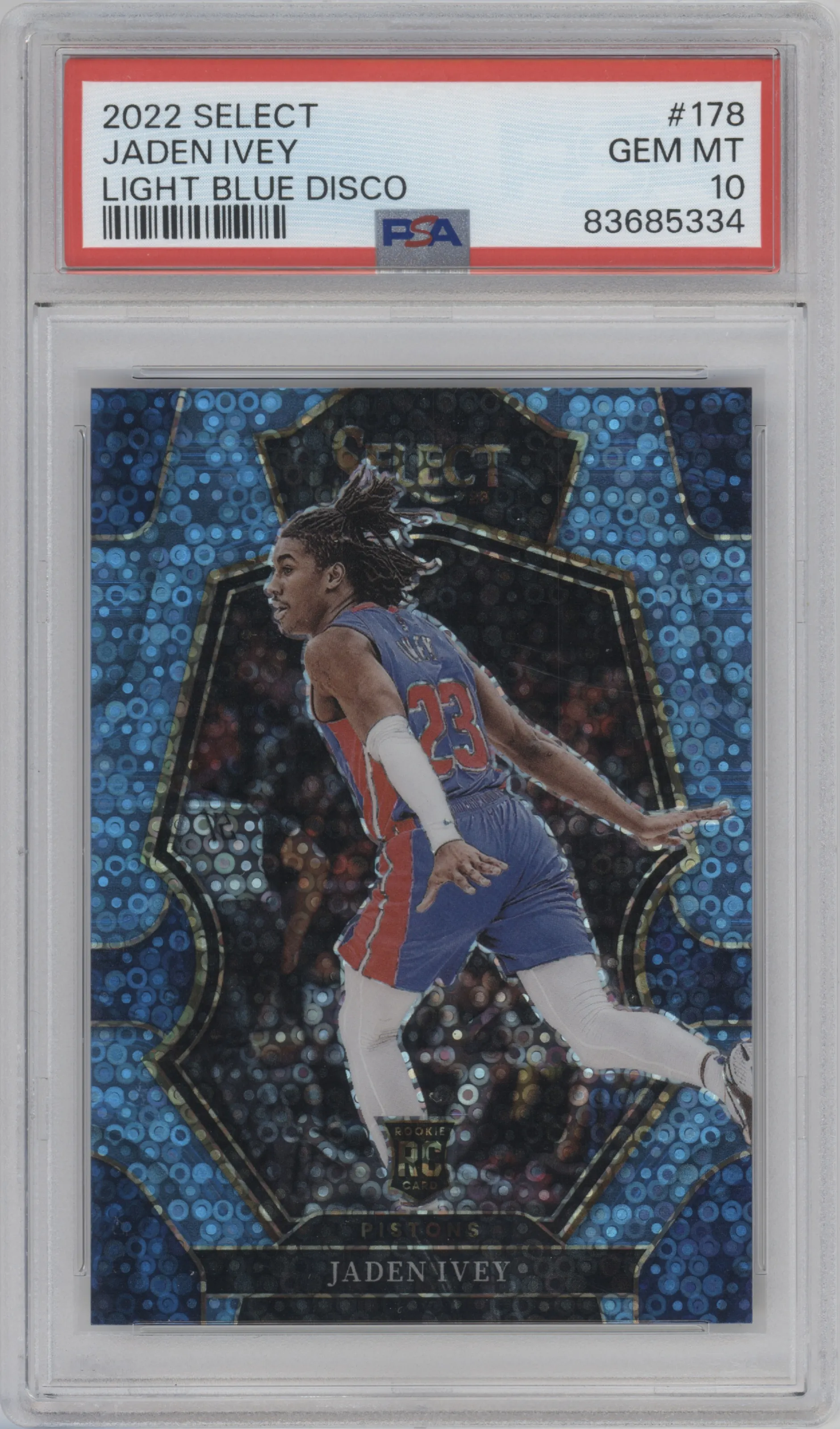 2022 Panini Select Pre.Lvl. Jaden Ivey Disco Light Blue PSA 10