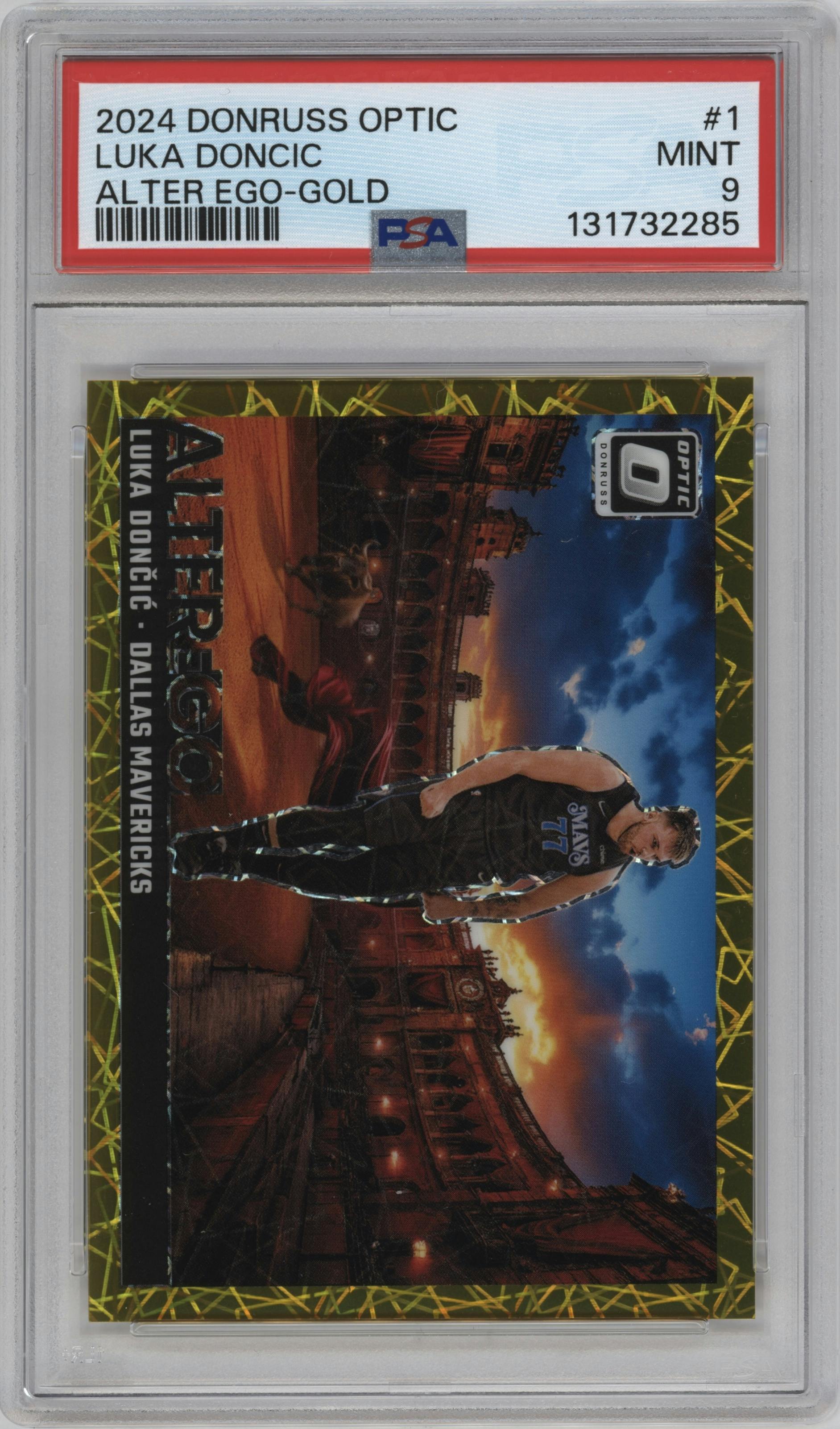 Luka Doncic from the 2024-25 Donruss Optic set featuring a Gold parallel graded by PSA and given an overall grade of 9.