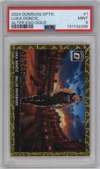 Luka Doncic from the 2024-25 Donruss Optic set featuring a Gold parallel graded by PSA and given an overall grade of 9.