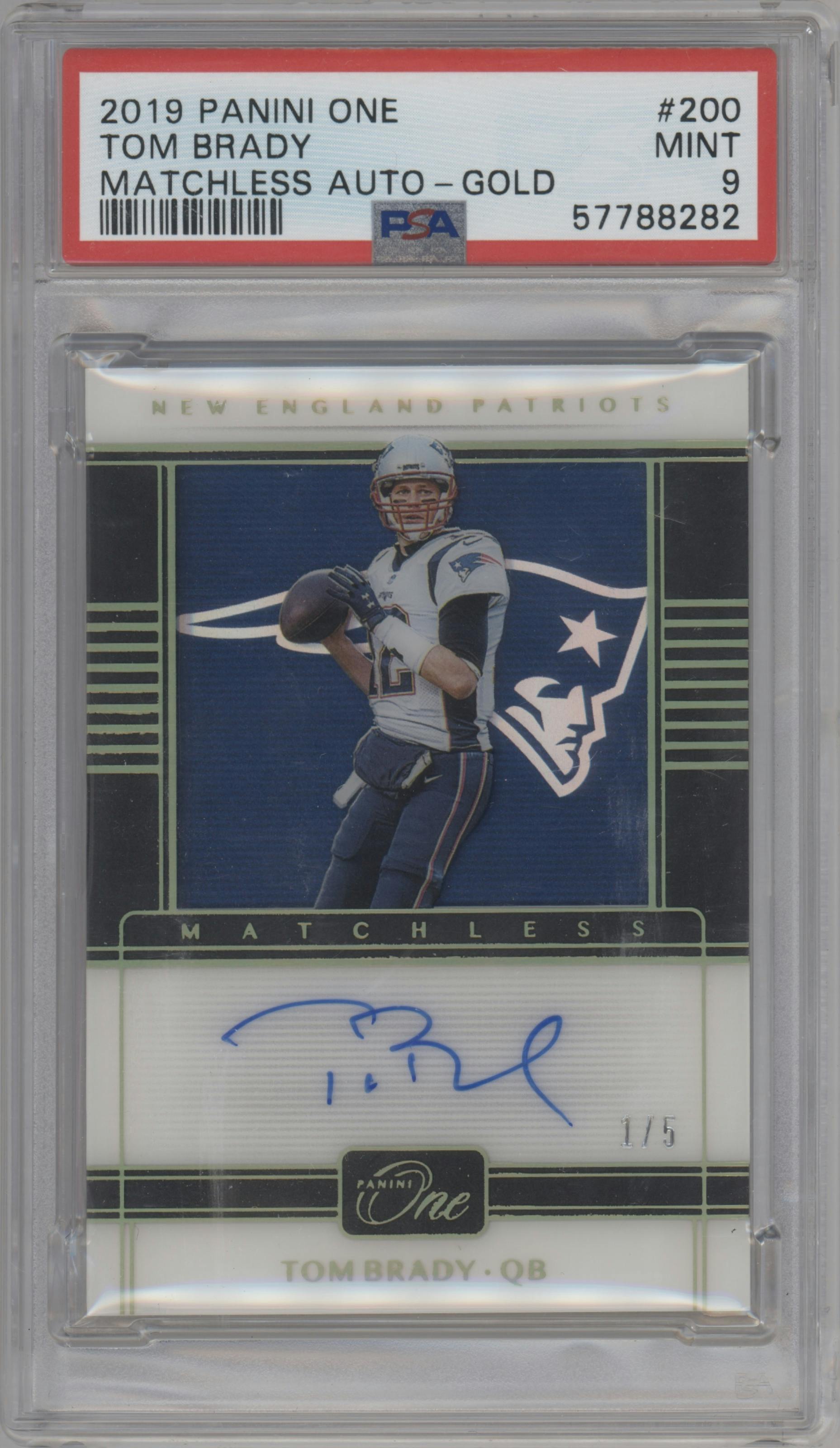 Tom Brady from the 2019 Panini One set featuring a Gold parallel graded by PSA and given an overall grade of 9.