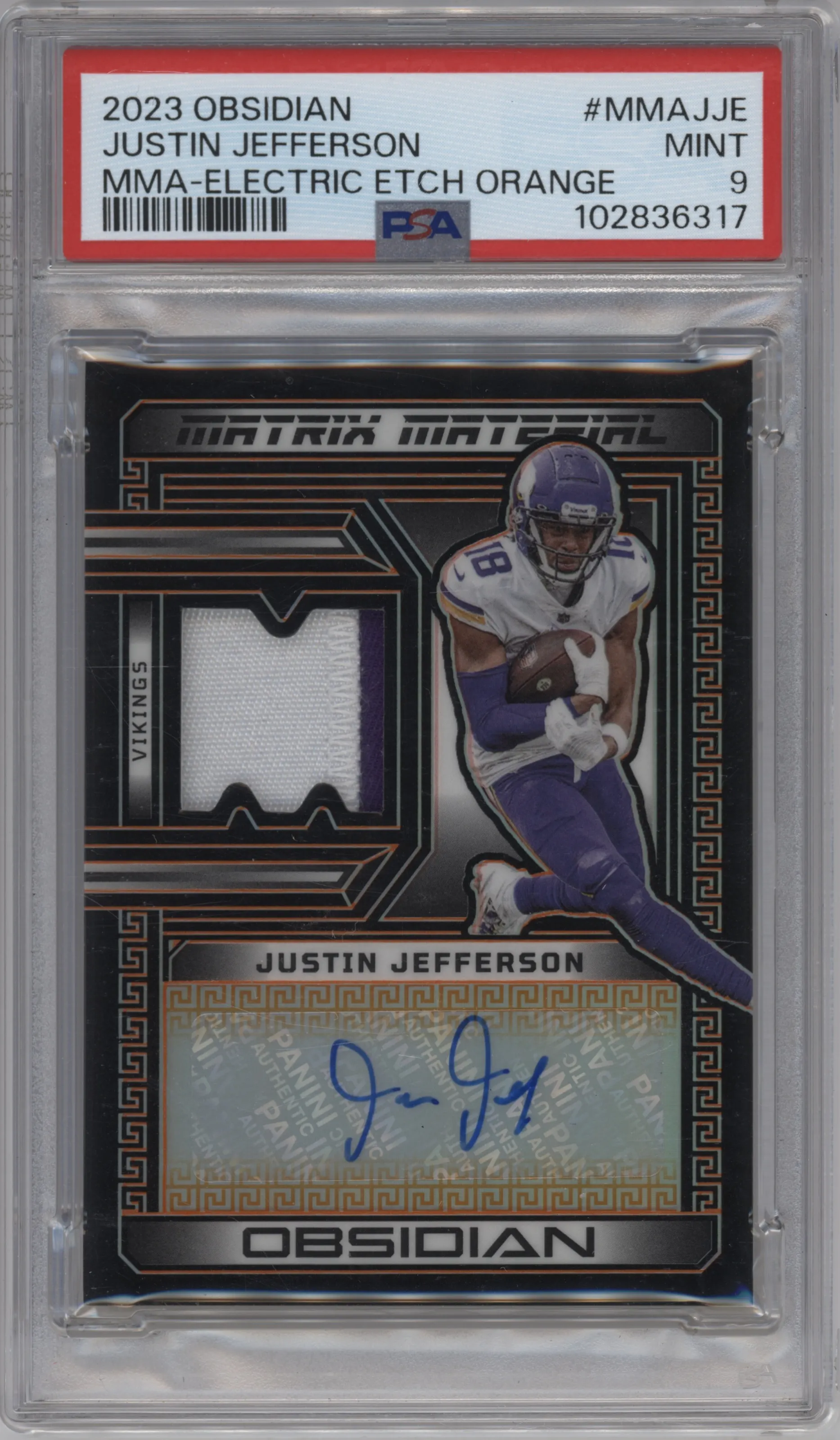 2023 Panini Obsidian Mtrx.Mat.Auto Justin Jefferson Electric Etch Orange #MMA-JJE PSA 9