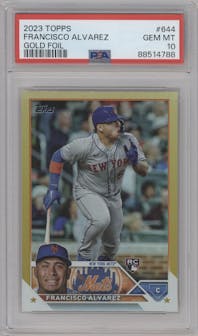 Francisco Alvarez from the 2023 Topps Series 2 set featuring a Gold Foil parallel graded by PSA and given an overall grade of 10.
