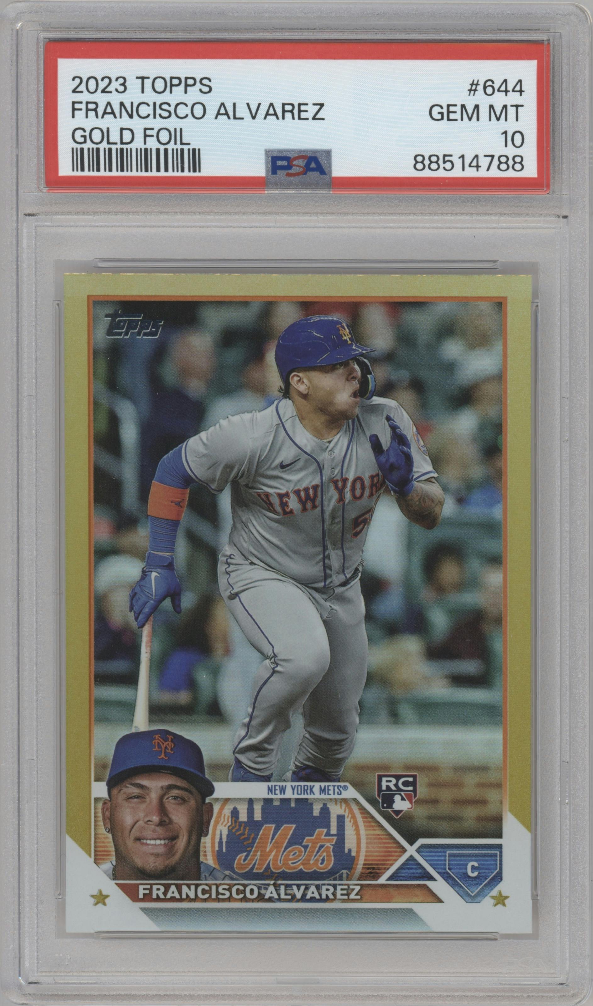 Francisco Alvarez from the 2023 Topps Series 2 set featuring a Gold Foil parallel graded by PSA and given an overall grade of 10.