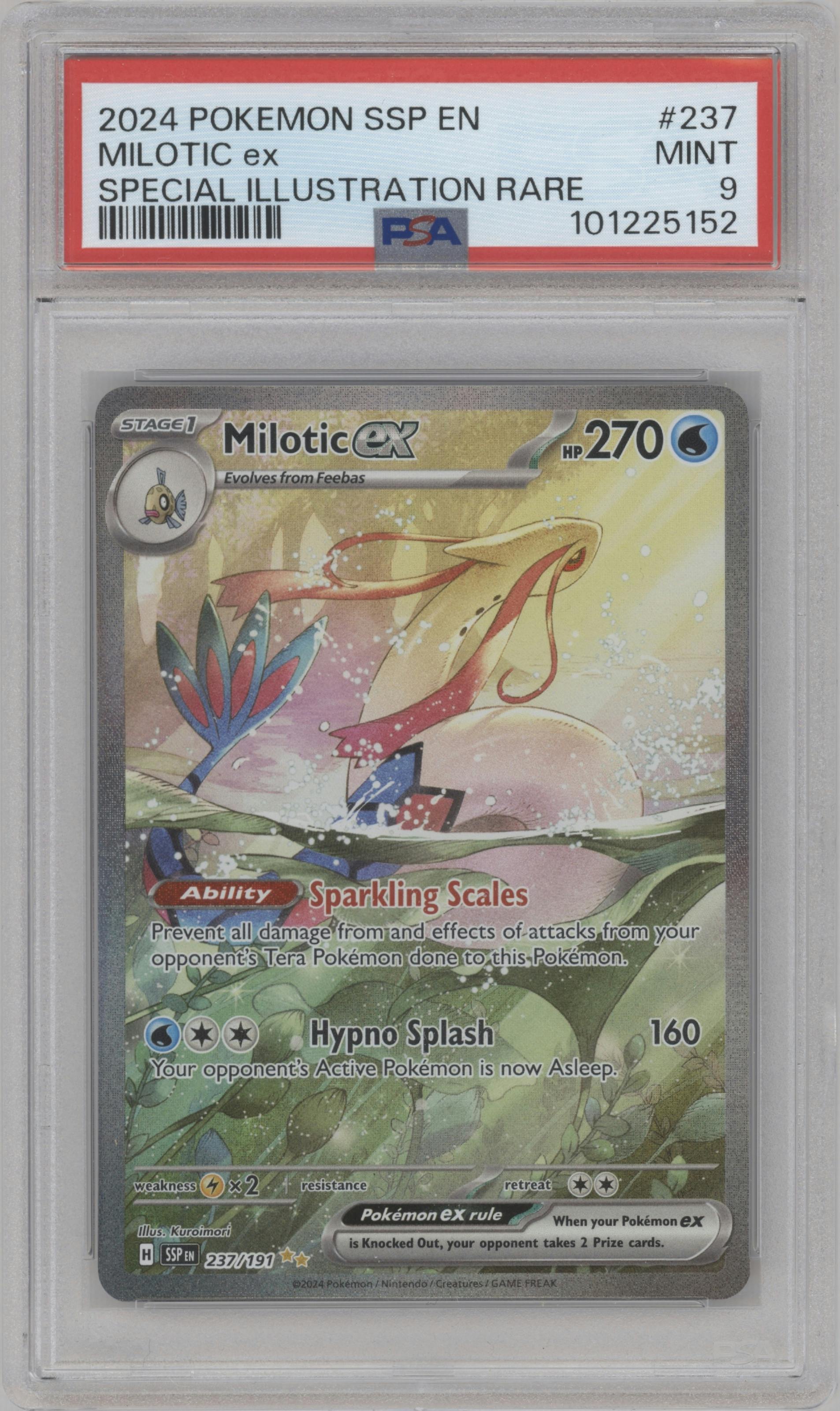 Milotic ex from the 2024 Pokemon SV set graded by PSA and given an overall grade of 9.