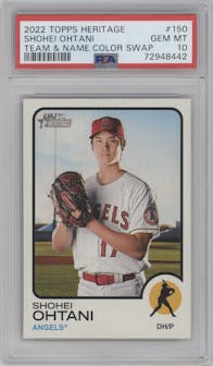 Shohei Ohtani from the 2022 Topps Heritage set graded by PSA and given an overall grade of 10.