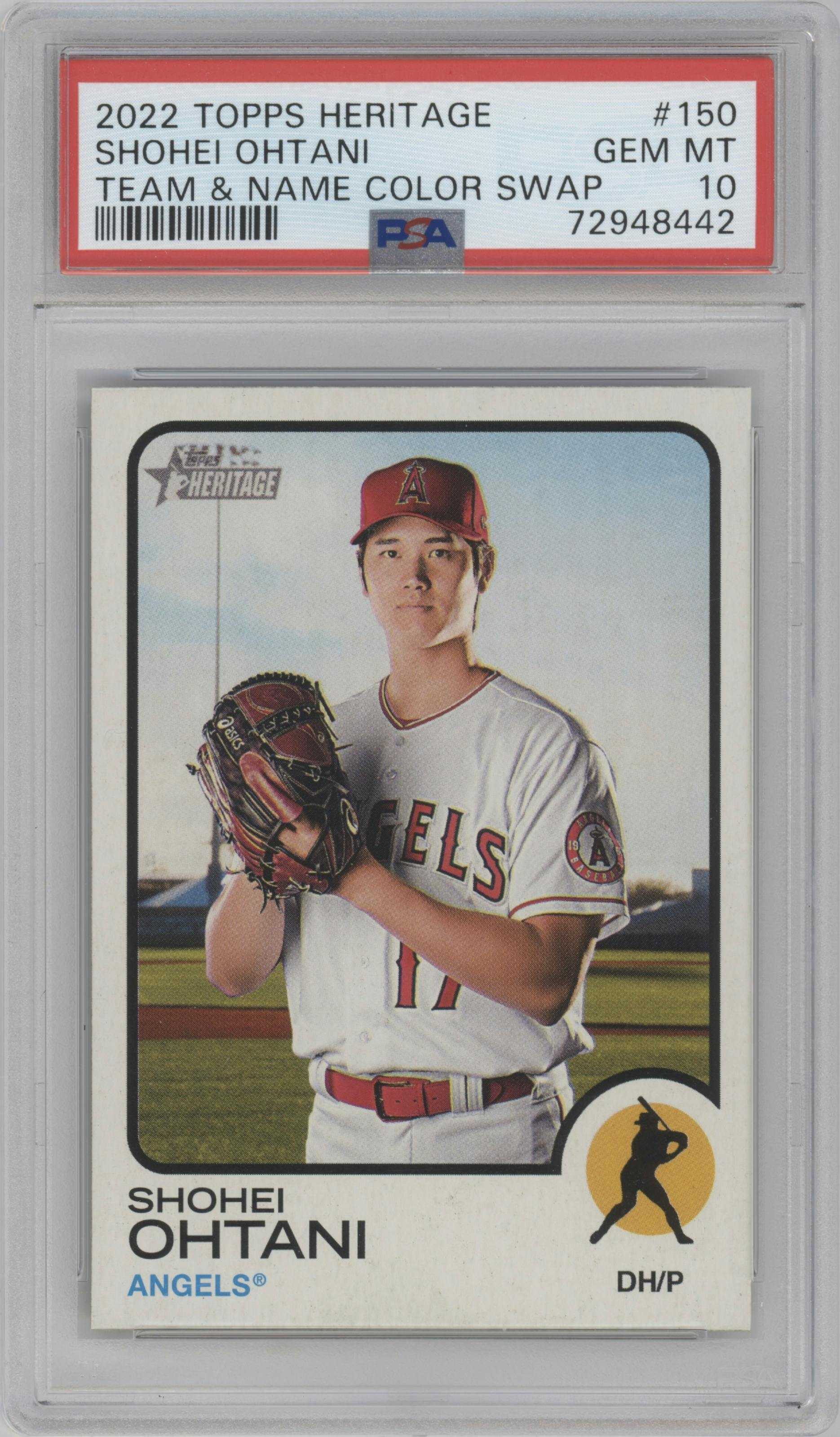 Shohei Ohtani from the 2022 Topps Heritage set graded by PSA and given an overall grade of 10.