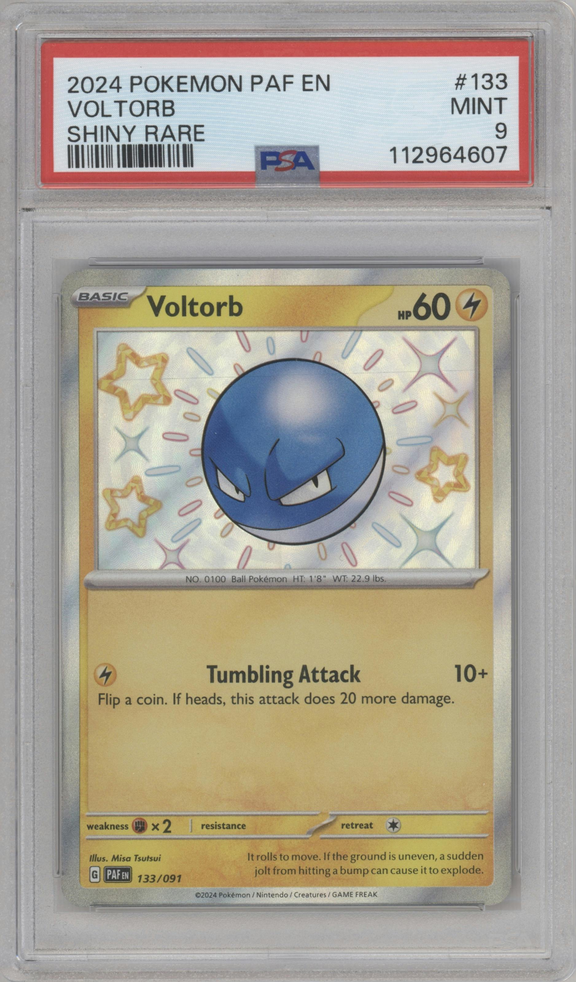 Voltorb from the 2024 Pokemon SV set graded by PSA and given an overall grade of 9.