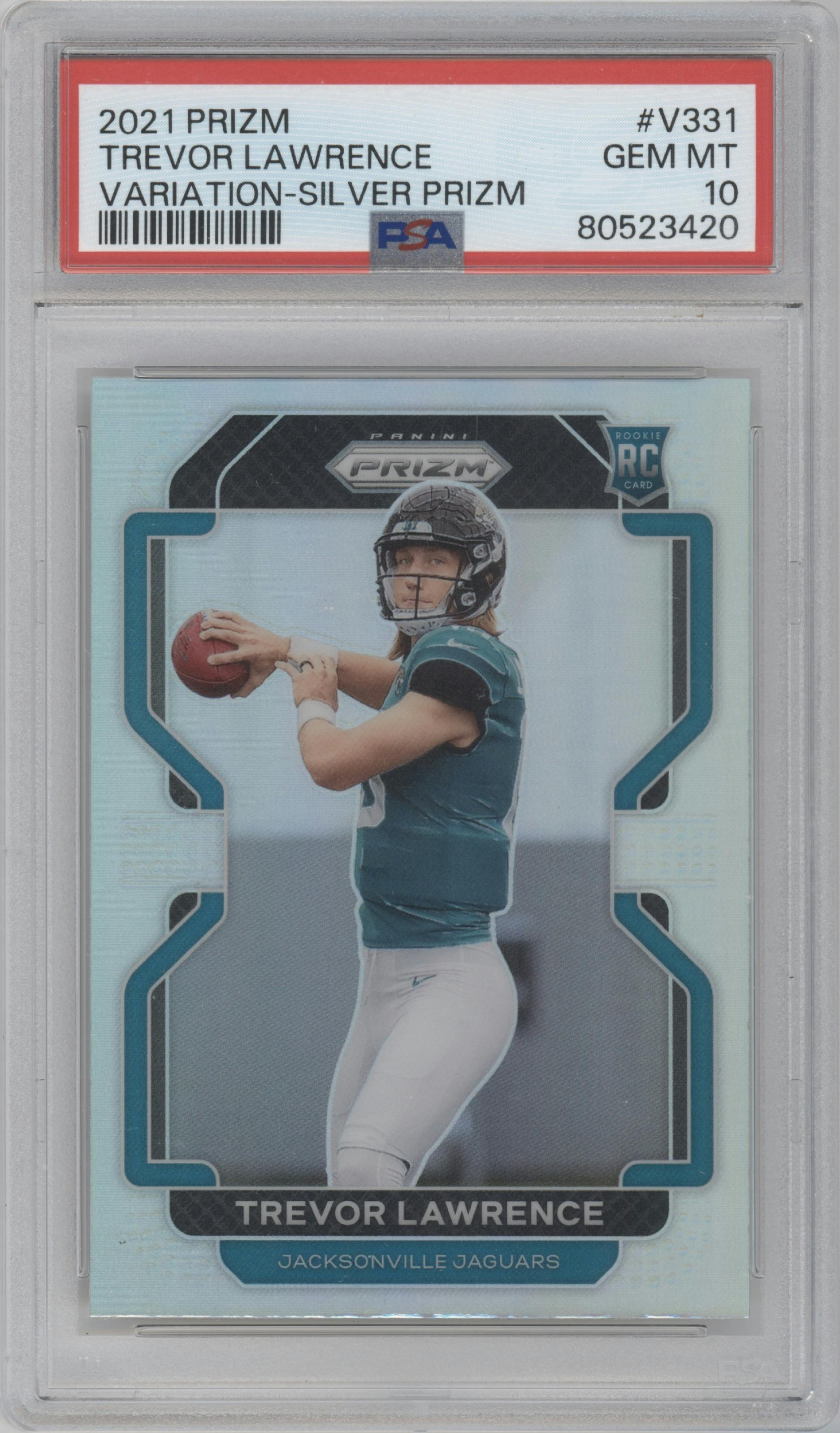 Trevor Lawrence from the 2021 Panini Prizm set featuring a Silver Prizm parallel graded by PSA and given an overall grade of 10.