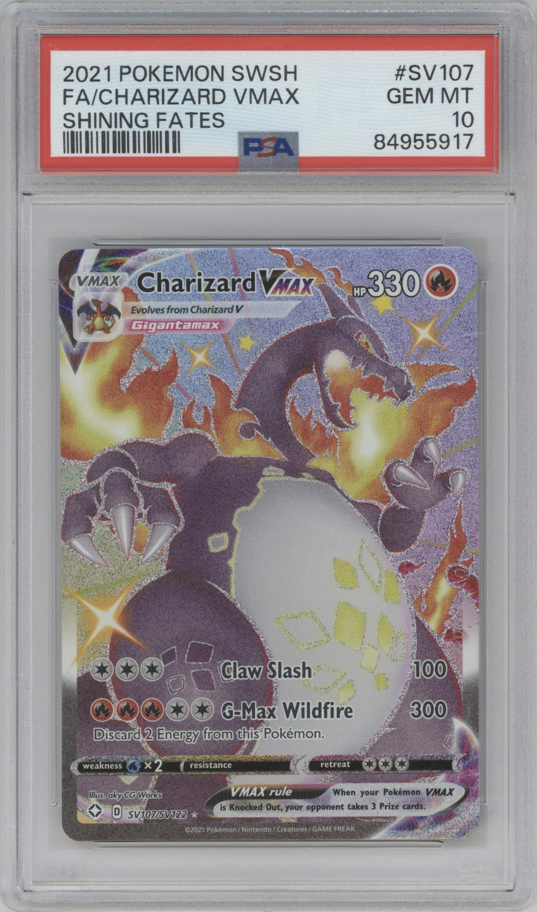 Charizard VMAX  from the 2021 Pokemon SWSH set graded by PSA and given an overall grade of 10.