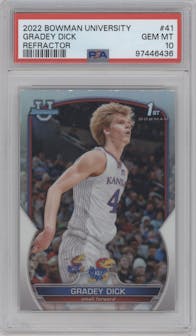 Gradey Dick from the 2022-23 Bowman University Chrome set featuring a Refractor parallel graded by PSA and given an overall grade of 10.
