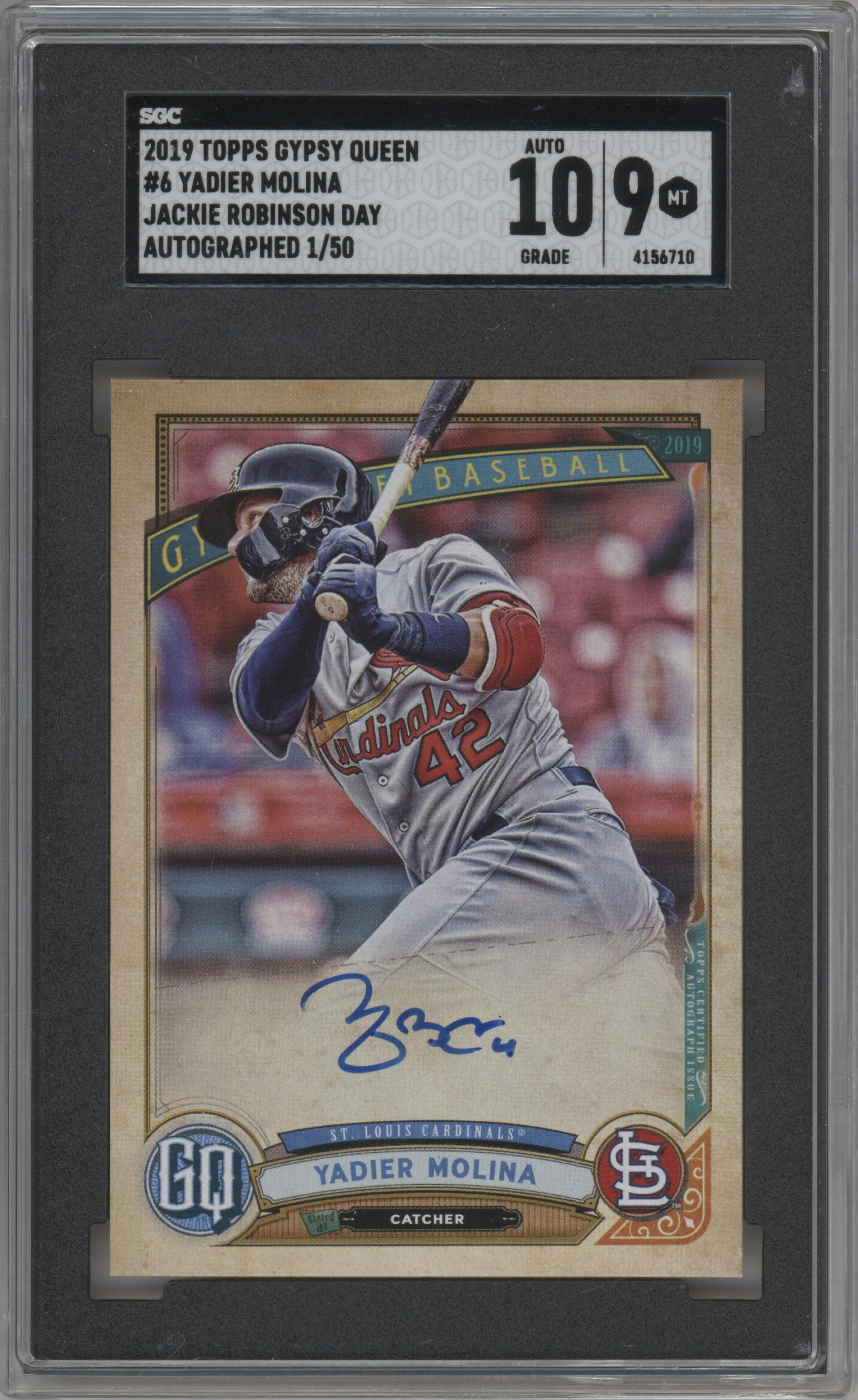 Yadier Molina from the 2019 Topps Gypsy Queen set graded by SGC and given an overall grade of 9.