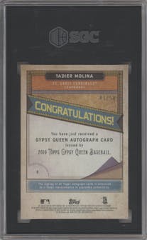 Yadier Molina from the 2019 Topps Gypsy Queen set graded by SGC and given an overall grade of 9.