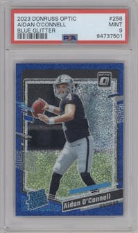 Aidan O'Connell from the 2023 Donruss Optic set featuring a Blue Glitter parallel graded by PSA and given an overall grade of 9.
