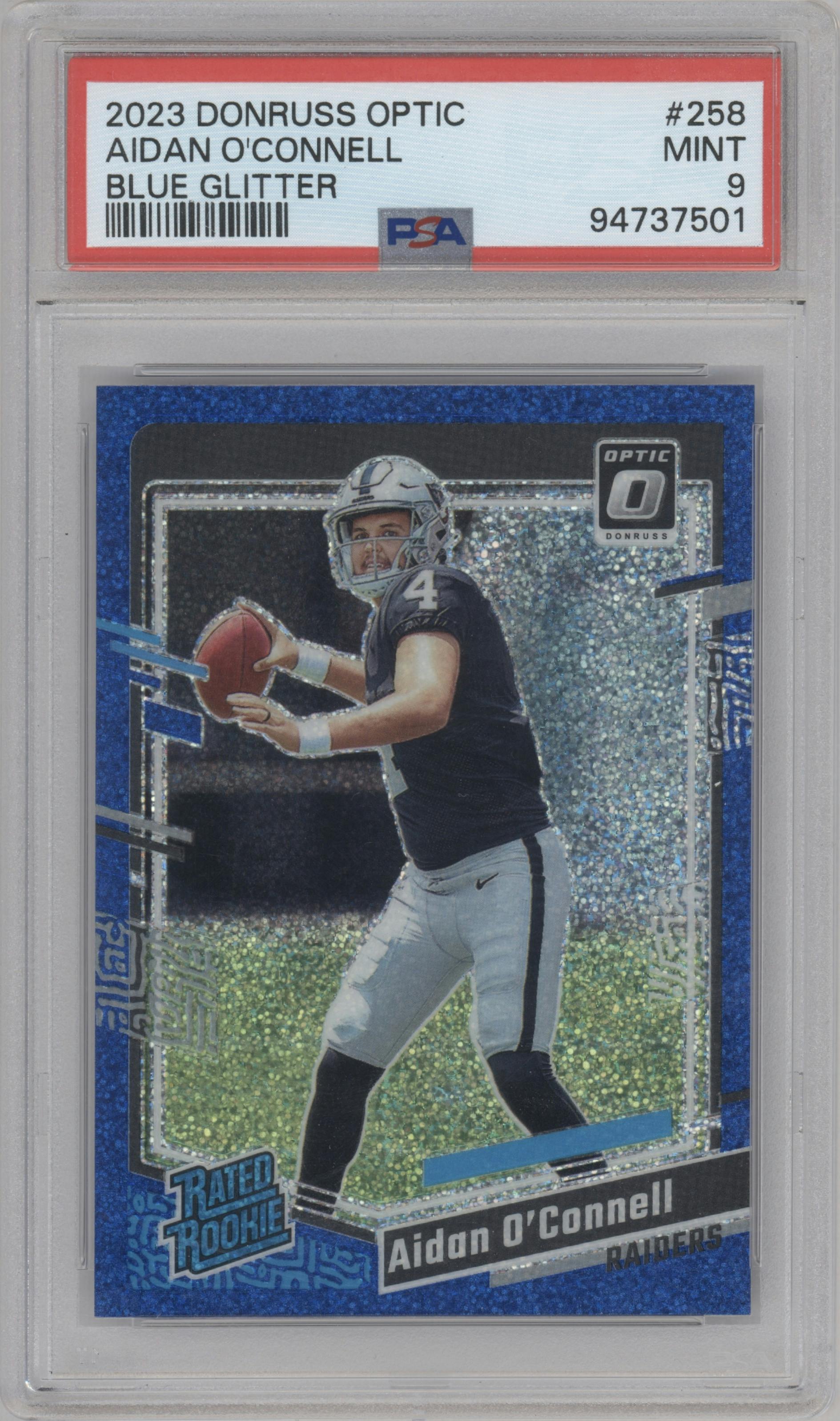 Aidan O'Connell from the 2023 Donruss Optic set featuring a Blue Glitter parallel graded by PSA and given an overall grade of 9.