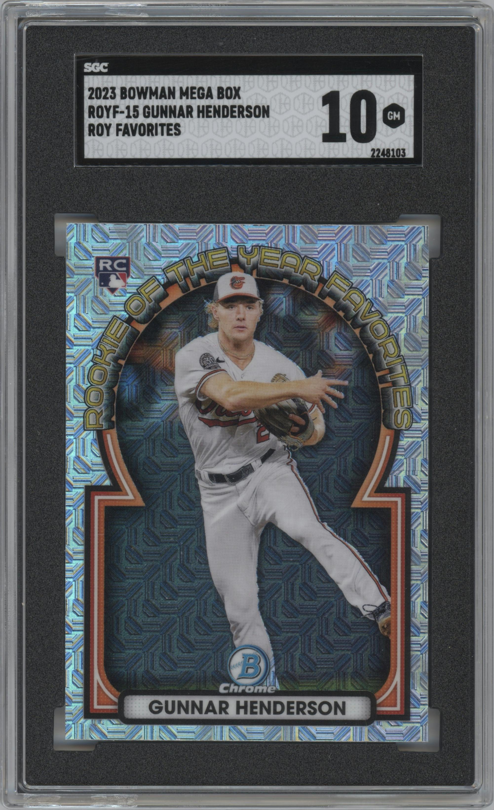 Gunnar Henderson from the 2023 Bowman Mega Box set graded by SGC and given an overall grade of 10.