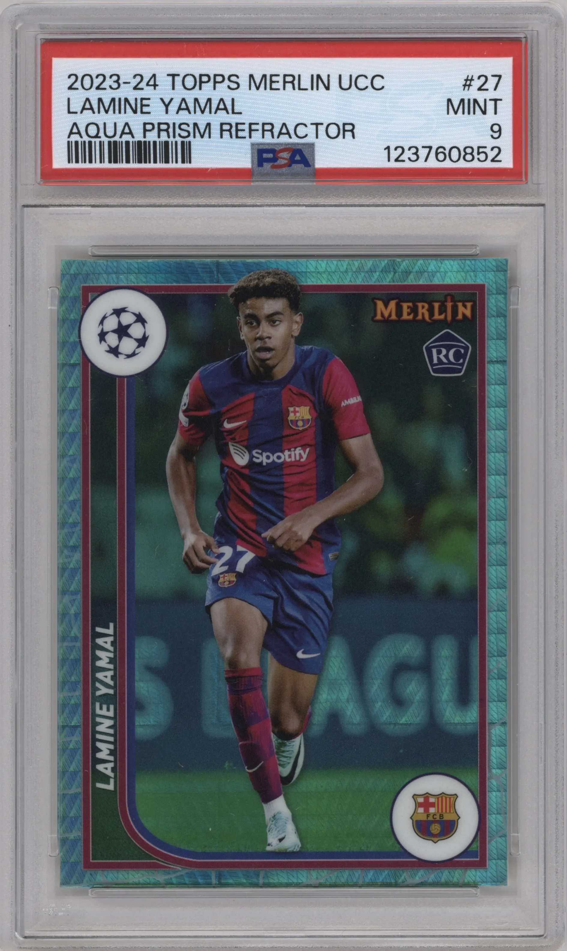 2023 Topps Merlin UEFA Club Competitions Lamine Yamal Aqua Prism Refractor PSA 9