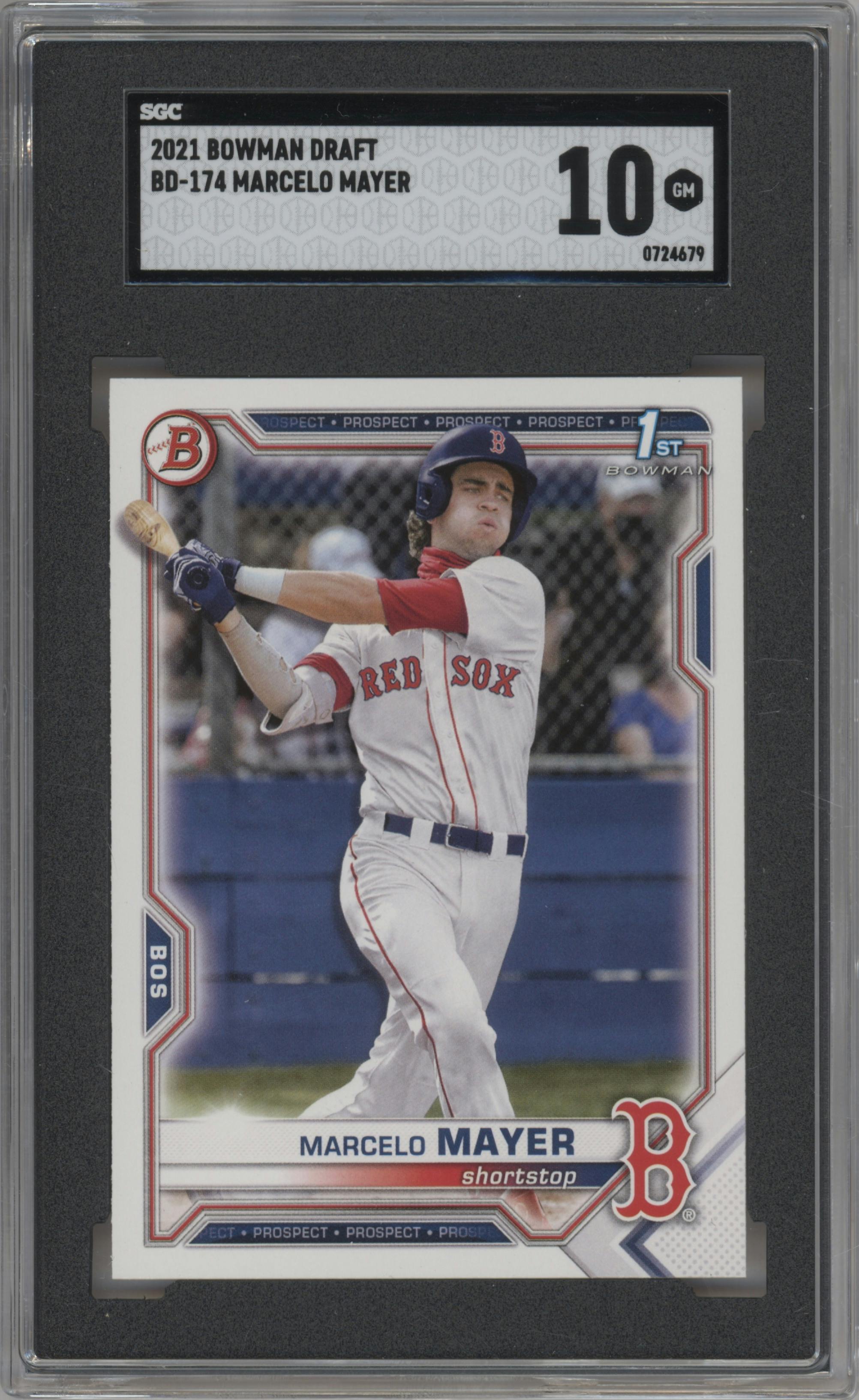 Marcelo Mayer from the 2021 Bowman Draft set graded by SGC and given an overall grade of 10.