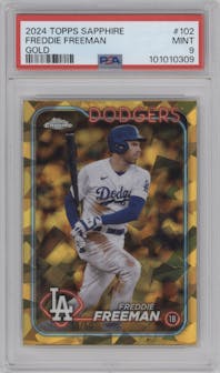 Freddie Freeman from the 2024 Topps Chrome Sapphire set featuring a Gold parallel graded by PSA and given an overall grade of 9.