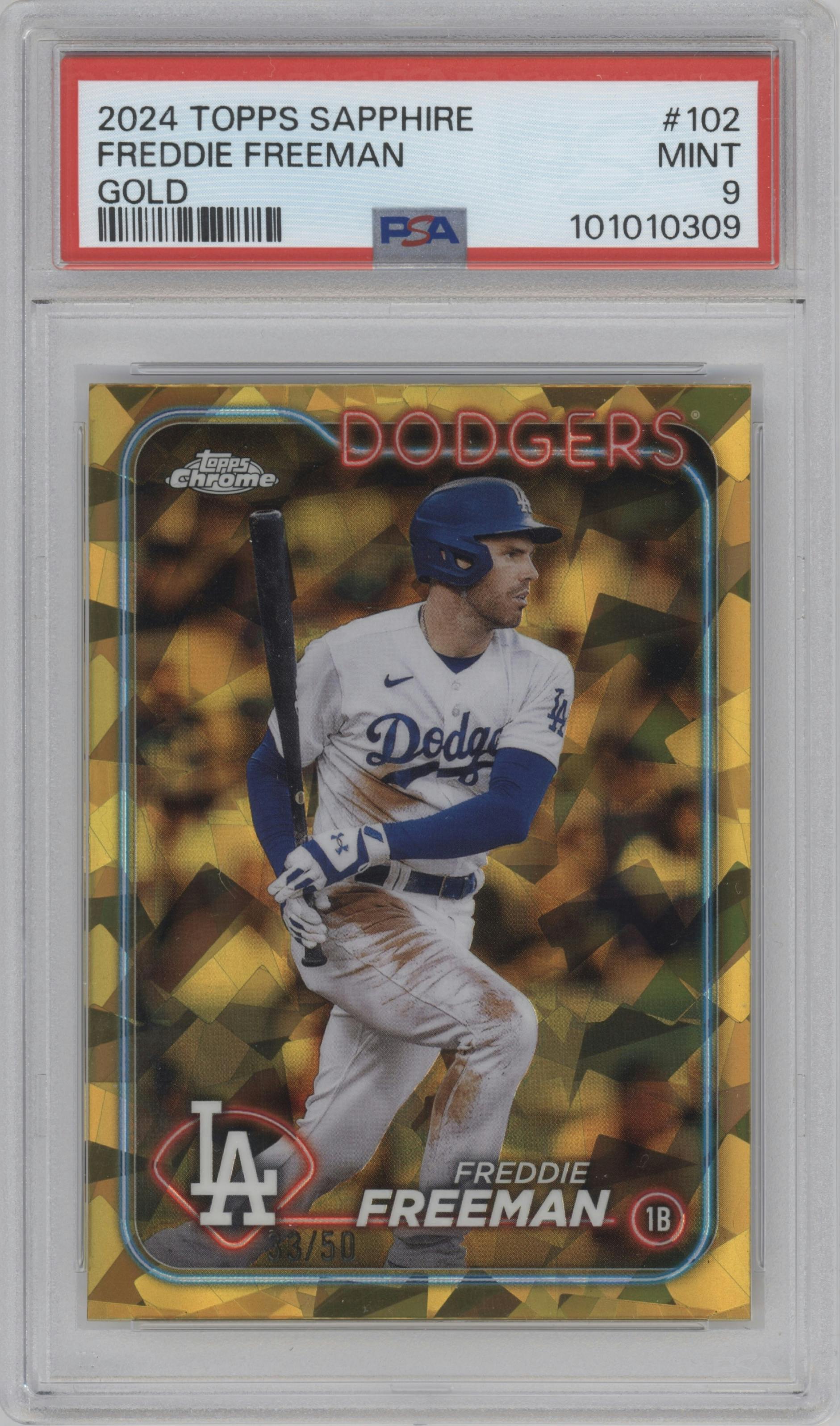 Freddie Freeman from the 2024 Topps Chrome Sapphire set featuring a Gold parallel graded by PSA and given an overall grade of 9.