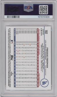 Freddie Freeman from the 2024 Topps Chrome Sapphire set featuring a Gold parallel graded by PSA and given an overall grade of 9.