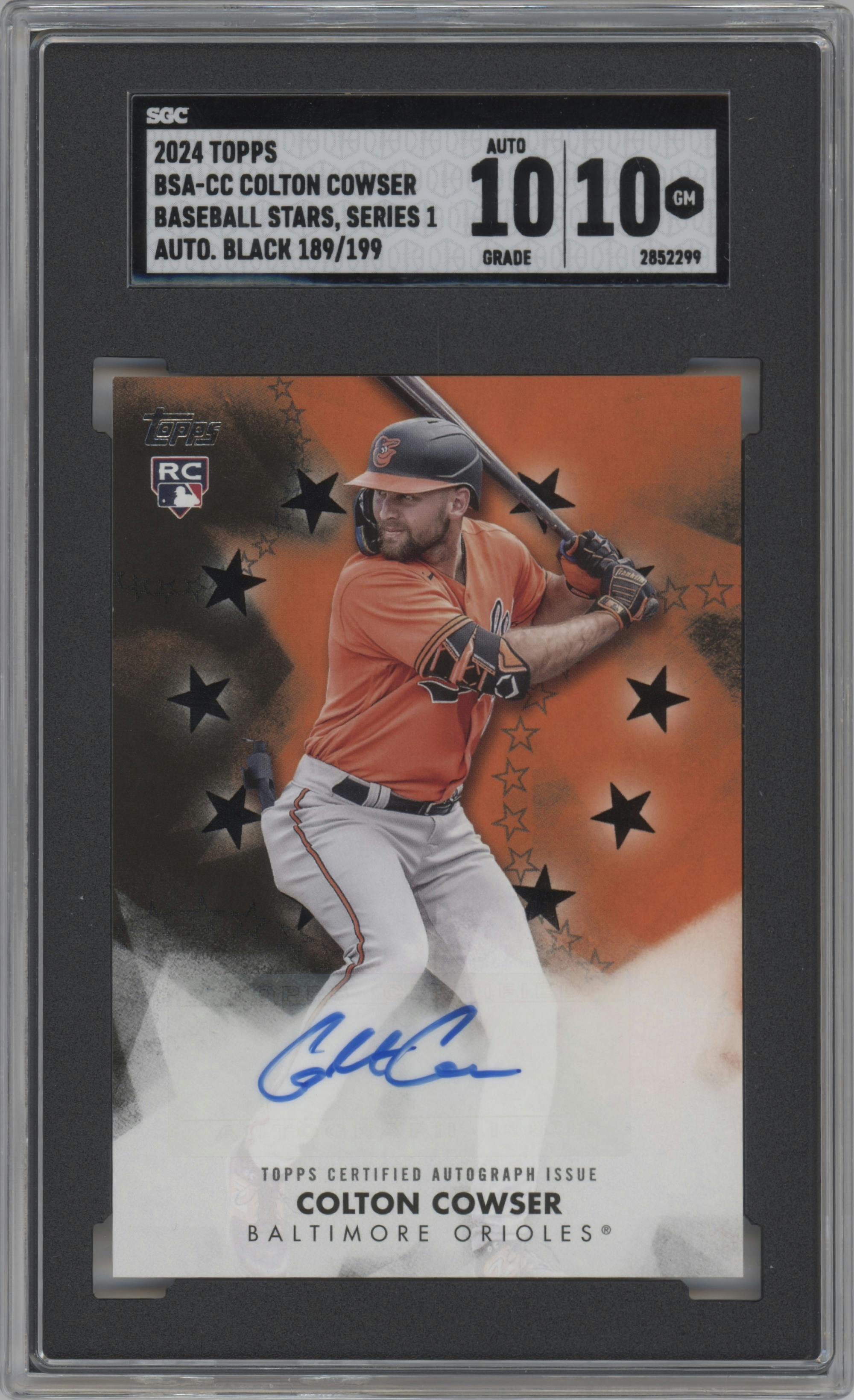 Colton Cowser from the 2024 Topps  set featuring a Black parallel graded by SGC and given an overall grade of 10.