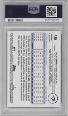 Vladimir Guerrero Jr. from the 2024 Topps Chrome Sapphire set featuring a Padparadscha parallel graded by PSA and given an overall grade of 10.