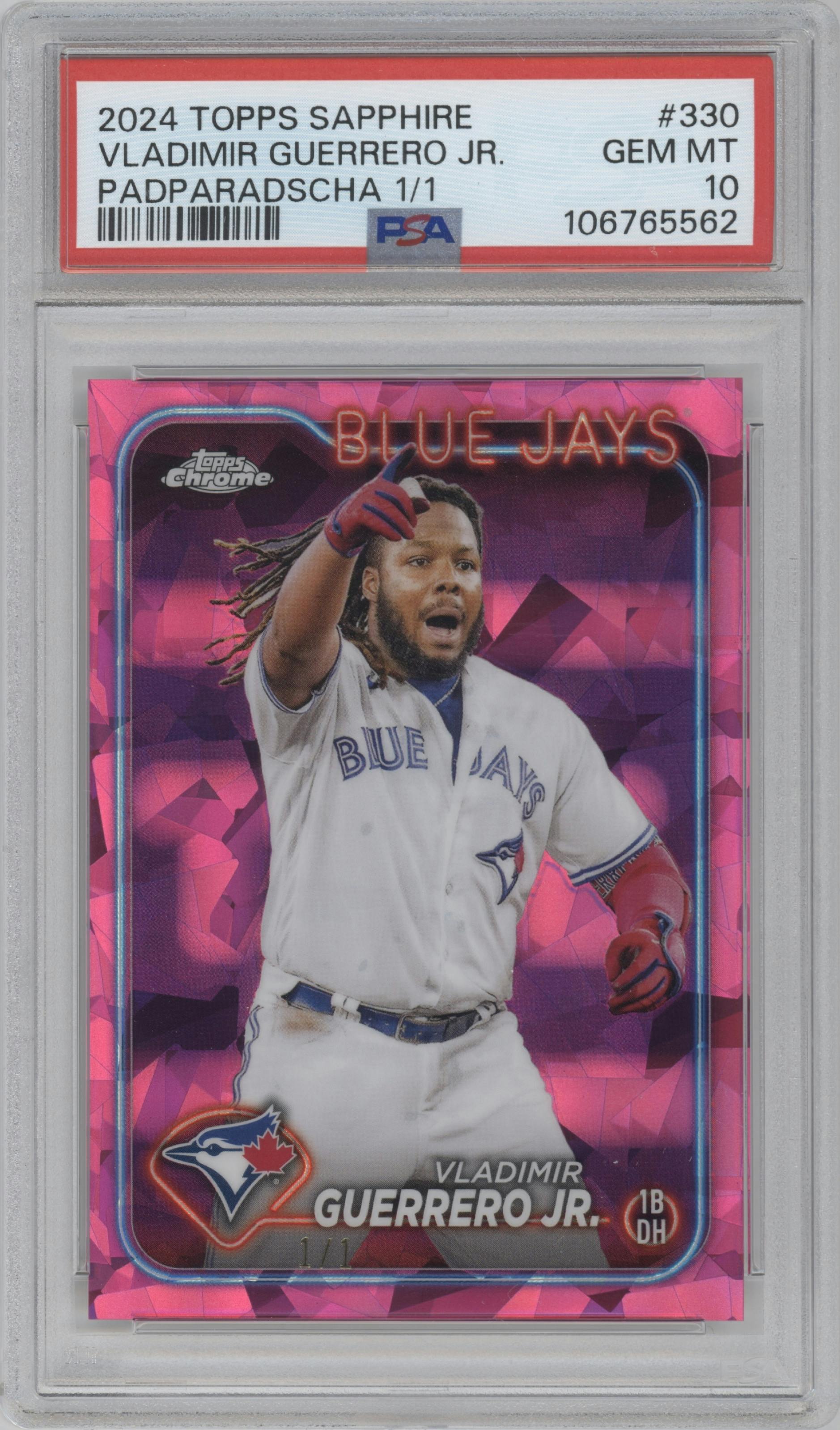 Vladimir Guerrero Jr. from the 2024 Topps Chrome Sapphire set featuring a Padparadscha parallel graded by PSA and given an overall grade of 10.
