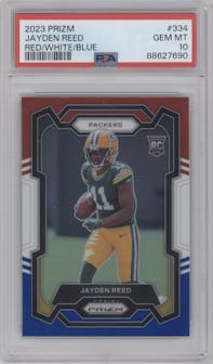 Jayden Reed from the 2023 Panini Prizm set featuring a Red White Blue Prizm parallel graded by PSA and given an overall grade of 10.