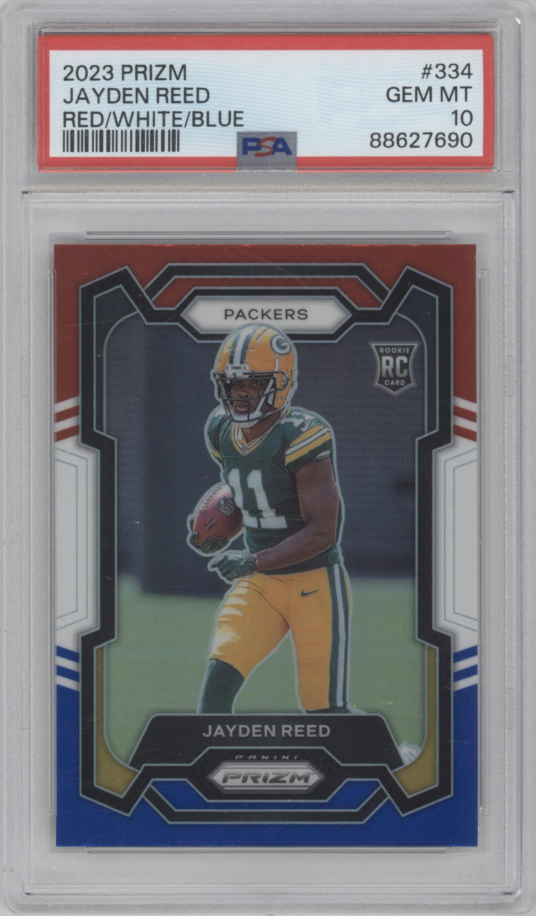 Jayden Reed from the 2023 Panini Prizm set featuring a Red White Blue Prizm parallel graded by PSA and given an overall grade of 10.