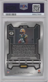 Jayden Reed from the 2023 Panini Prizm set featuring a Red White Blue Prizm parallel graded by PSA and given an overall grade of 10.
