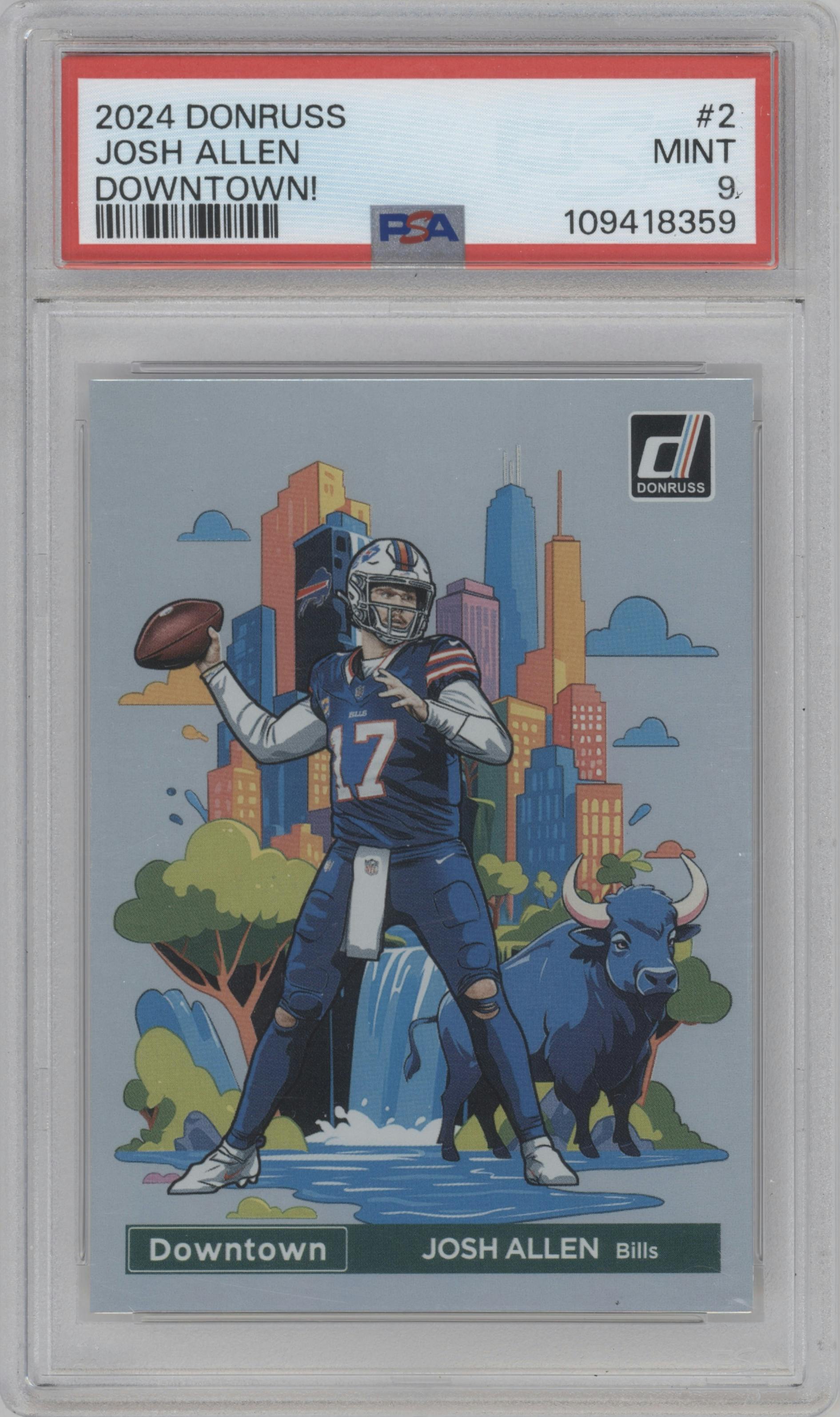 Josh Allen from the 2024 Donruss set graded by PSA and given an overall grade of 9.