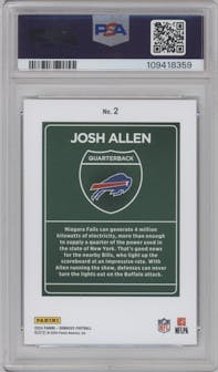 Josh Allen from the 2024 Donruss set graded by PSA and given an overall grade of 9.