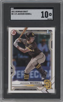 Jackson Merrill from the 2021 Bowman Draft set graded by SGC and given an overall grade of 10.