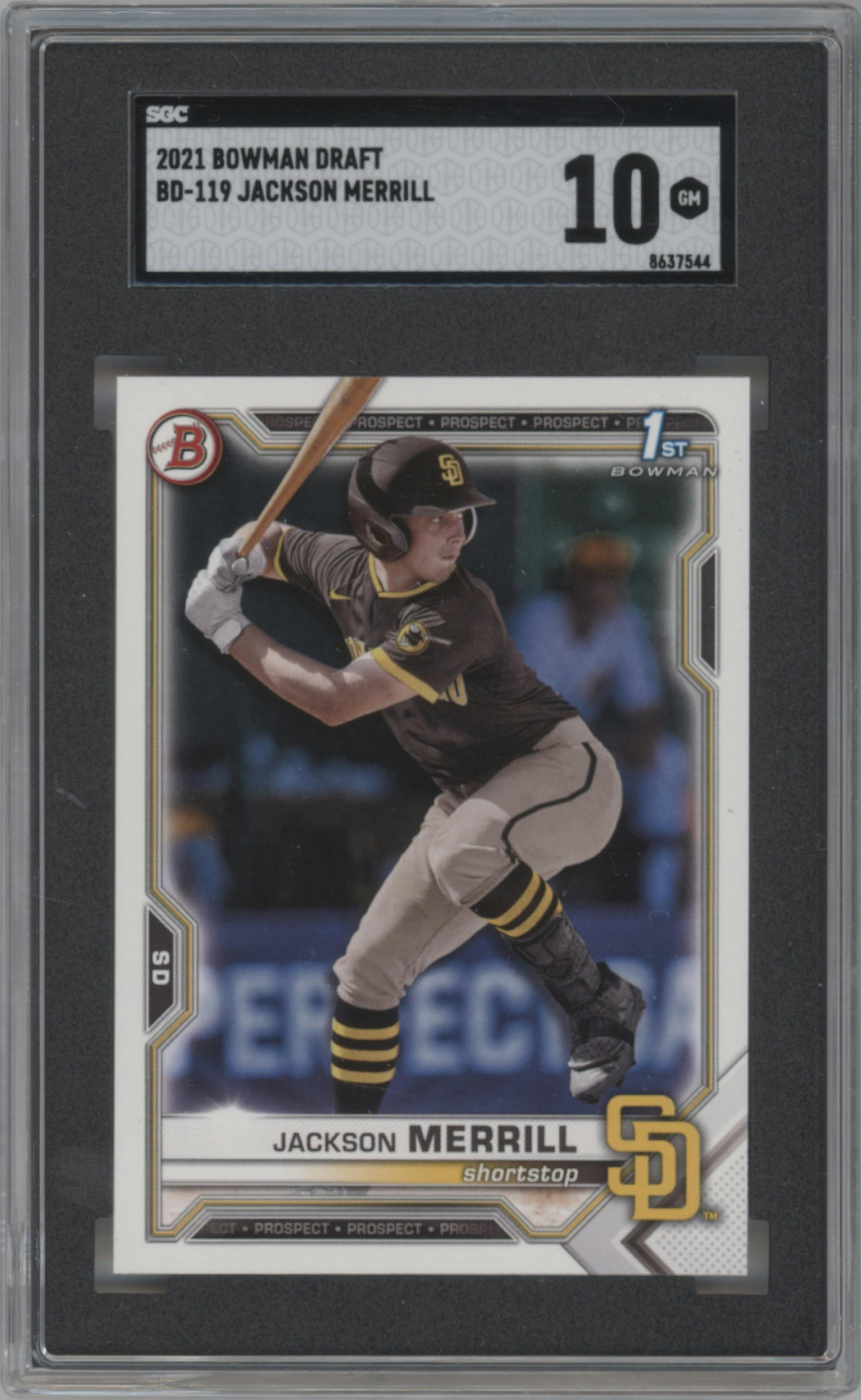 Jackson Merrill from the 2021 Bowman Draft set graded by SGC and given an overall grade of 10.