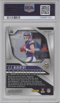 J.J. McCarthy from the 2024 Panini Prizm set featuring a Silver Prizm parallel graded by PSA and given an overall grade of 10.