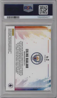 Erling Haaland from the 2024-25 Panini Prizm Premier League set graded by PSA and given an overall grade of 10.