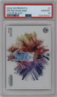 Erling Haaland from the 2024-25 Panini Prizm Premier League set graded by PSA and given an overall grade of 10.