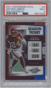 Antonio Gibson from the 2021 Panini Contenders Optic set featuring a Red/White/Blue parallel graded by PSA and given an overall grade of 9.
