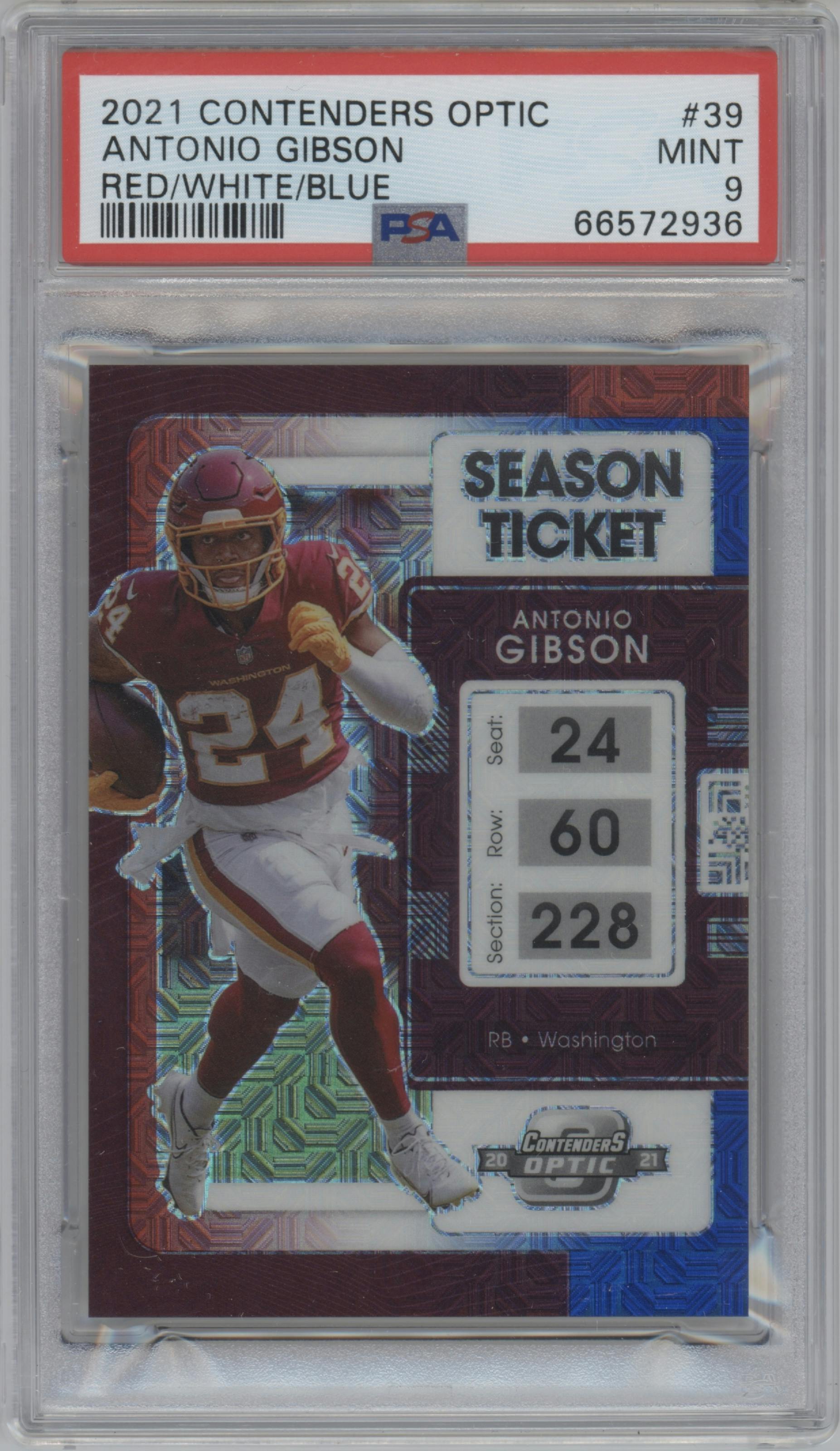 Antonio Gibson from the 2021 Panini Contenders Optic set featuring a Red/White/Blue parallel graded by PSA and given an overall grade of 9.